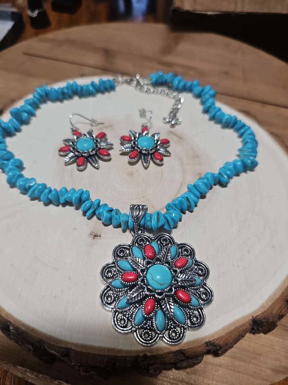 Turquoise & Coral Floral Pendant Necklace and Earring Set - Women Jewelry